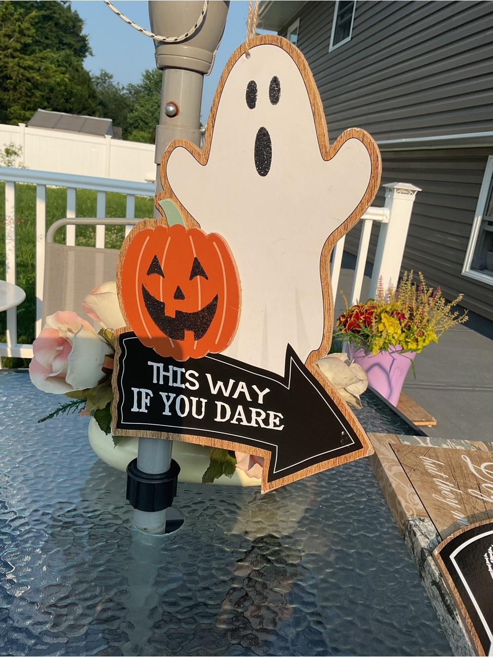 Halloween Ghost & Pumpkin Directional Sign - White & Orange